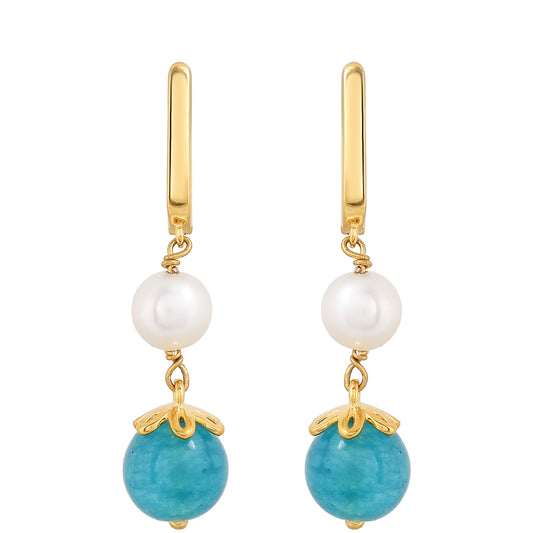 Goldplattierte Silberohrringe mit Paraiba Quarz und weißer Süßwasserperle