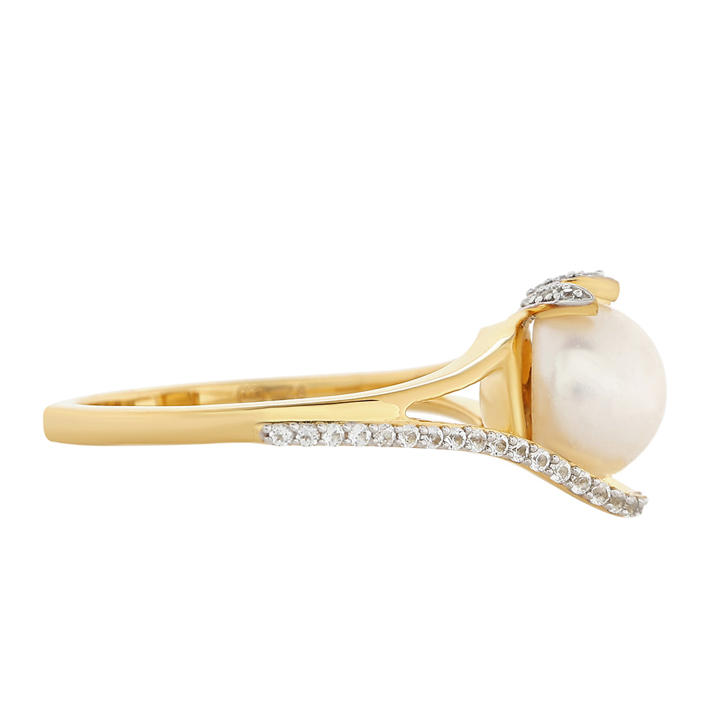 Goldplattierter Silberring mit barocker Süßwasserzuchtperle und weißem Topas