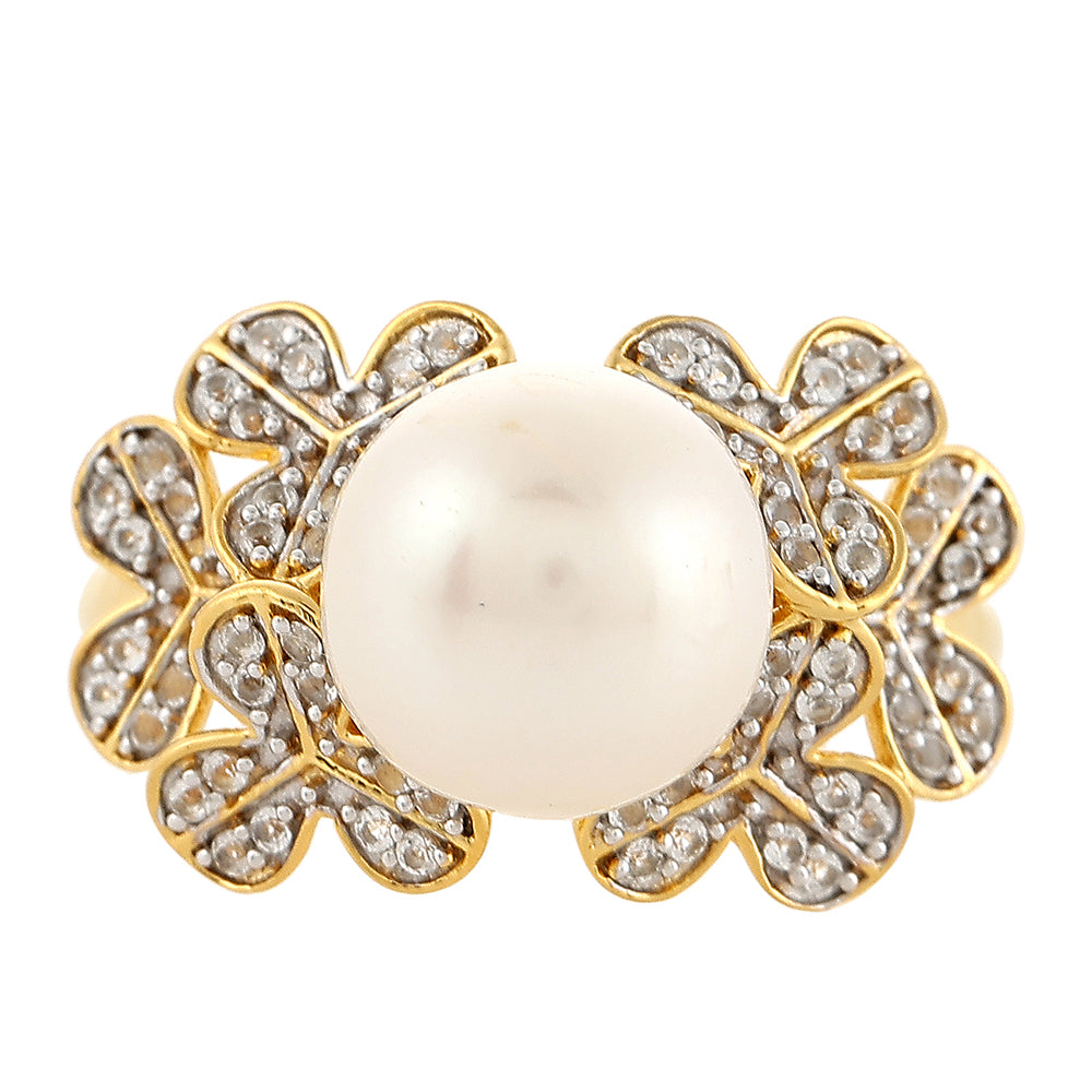 Goldplattierter Silberring mit barocker Süßwasserzuchtperle und weißem Topas