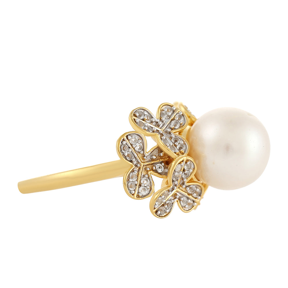 Goldplattierter Silberring mit barocker Süßwasserzuchtperle und weißem Topas