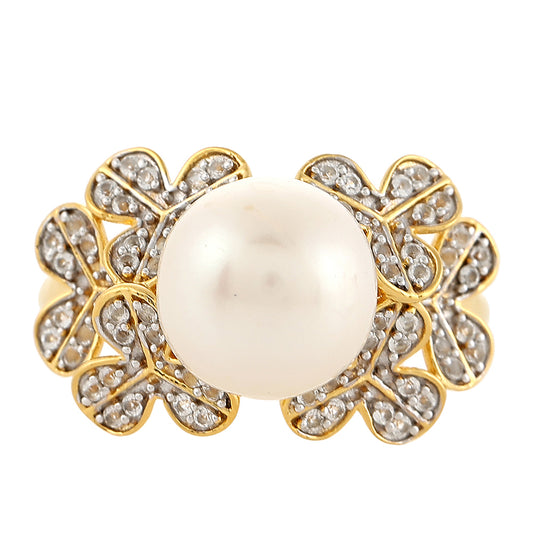 Goldplattierter Silberring mit barocker Süßwasserzuchtperle und weißem Topas