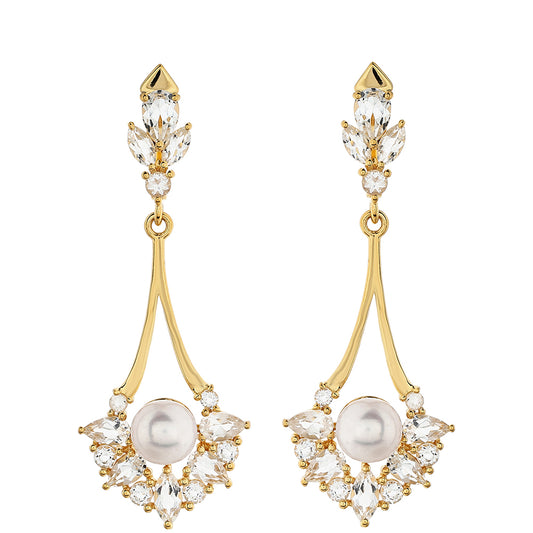 Goldplattierte Silberohrringe mit barocker Süßwasserzuchtperle und weißem Topas