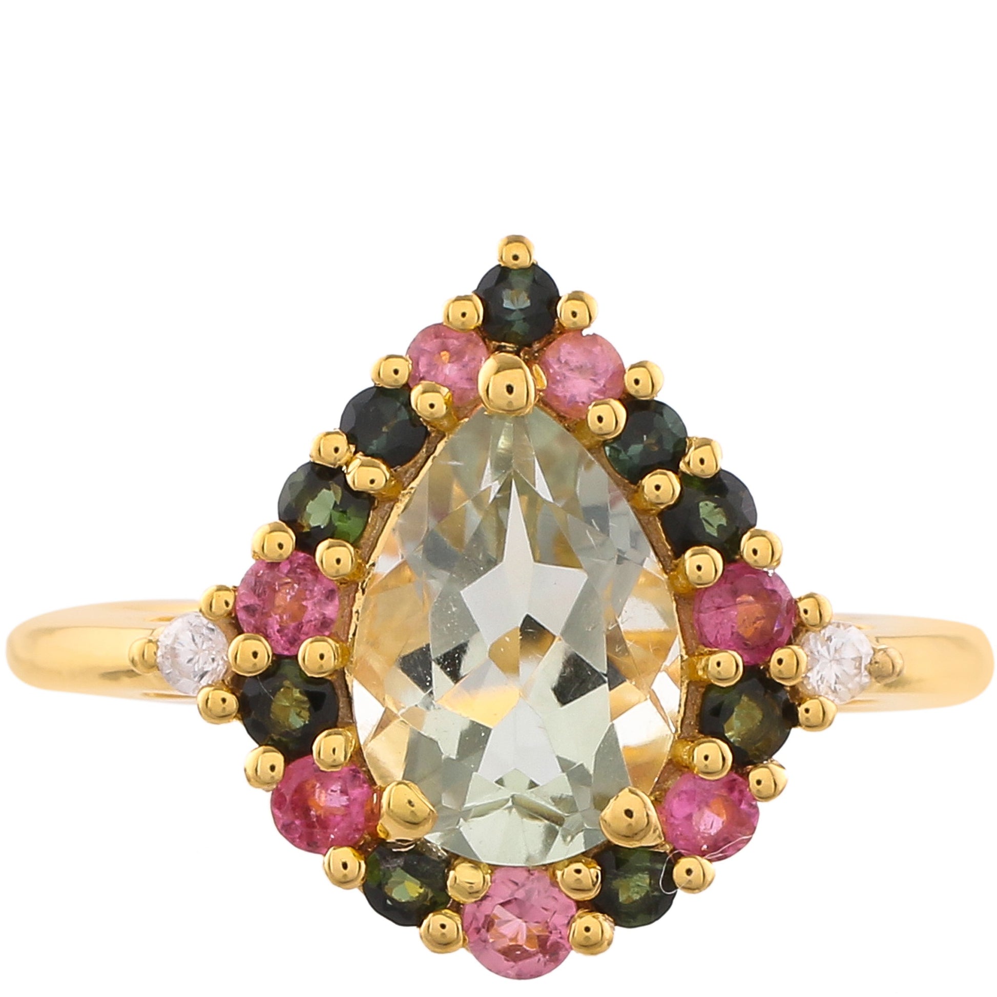 Goldplattierter Silberring mit grünem Amethyst und rosafarbenem Turmalin 1 