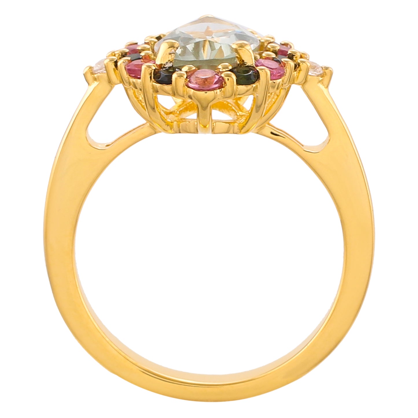 Goldplattierter Silberring mit grünem Amethyst und rosafarbenem Turmalin
