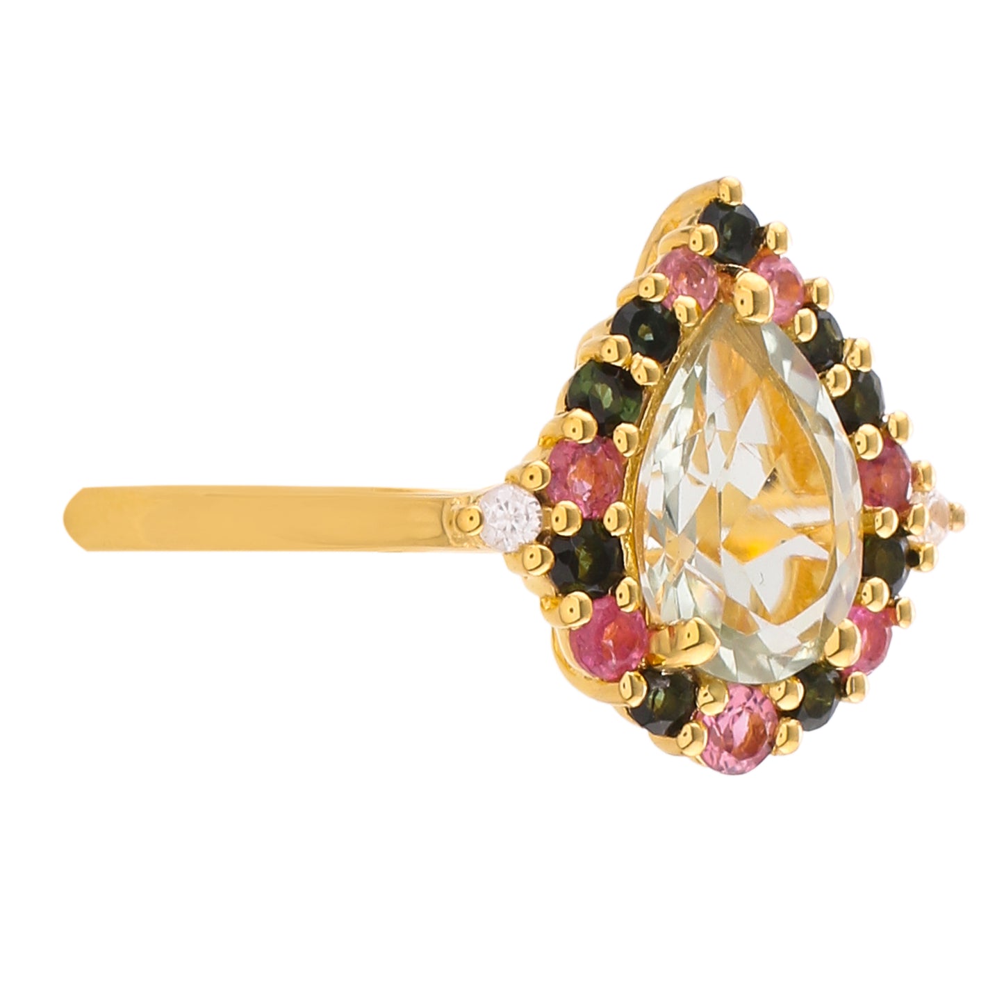 Goldplattierter Silberring mit grünem Amethyst und rosafarbenem Turmalin