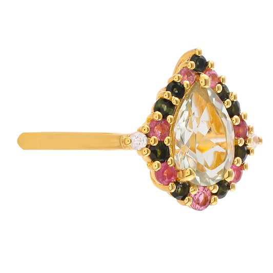 Goldplattierter Silberring mit grünem Amethyst und rosafarbenem Turmalin