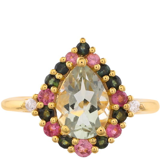 Goldplattierter Silberring mit grünem Amethyst und rosafarbenem Turmalin