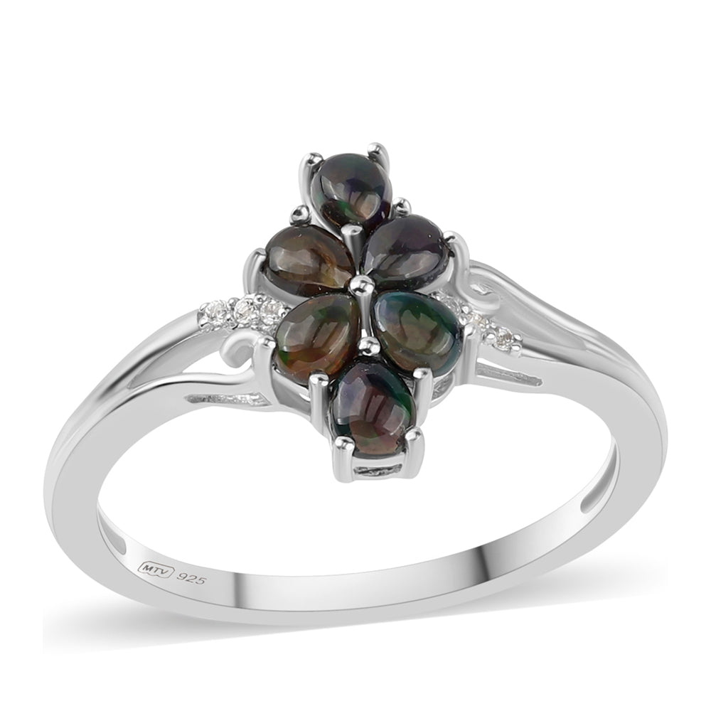 Silberring mit mitternachtsschwarzem äthiopischen Opal aus Lega Dembi und weißem Topas 1 