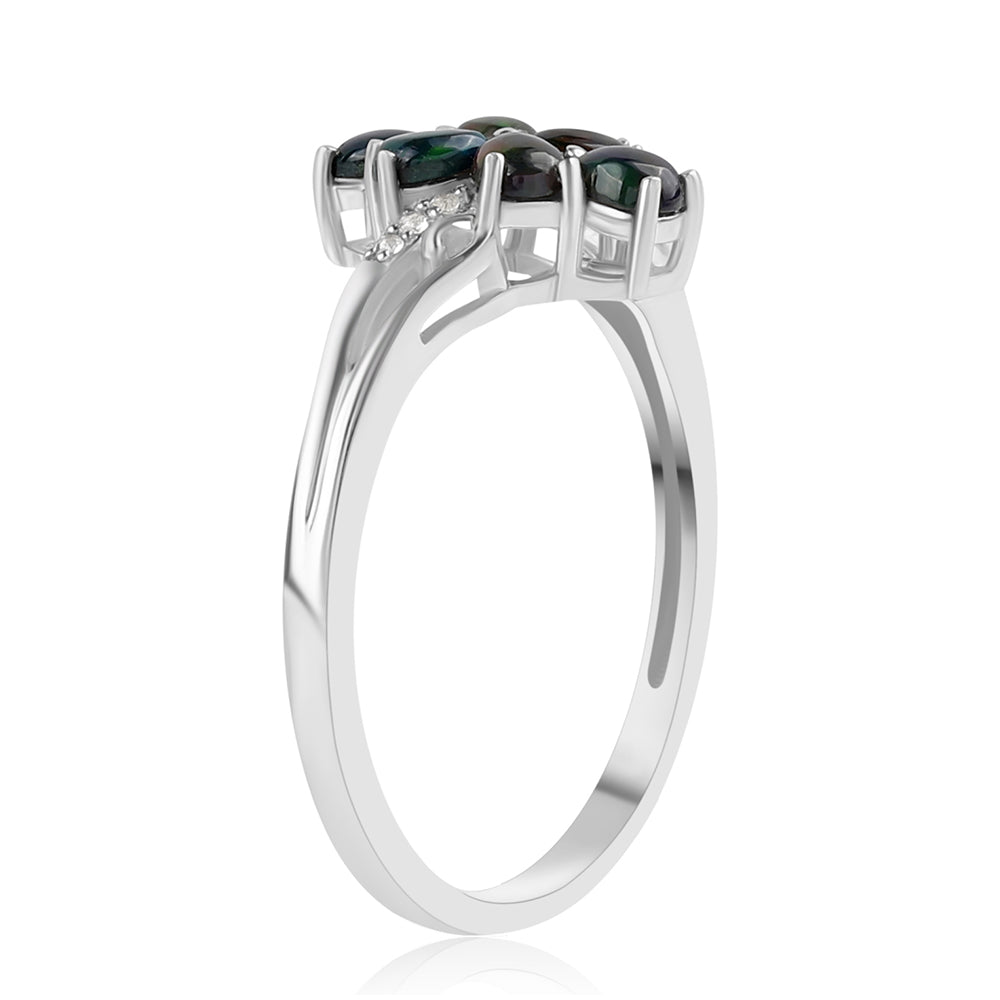 Silberring mit mitternachtsschwarzem äthiopischen Opal aus Lega Dembi und weißem Topas 2 