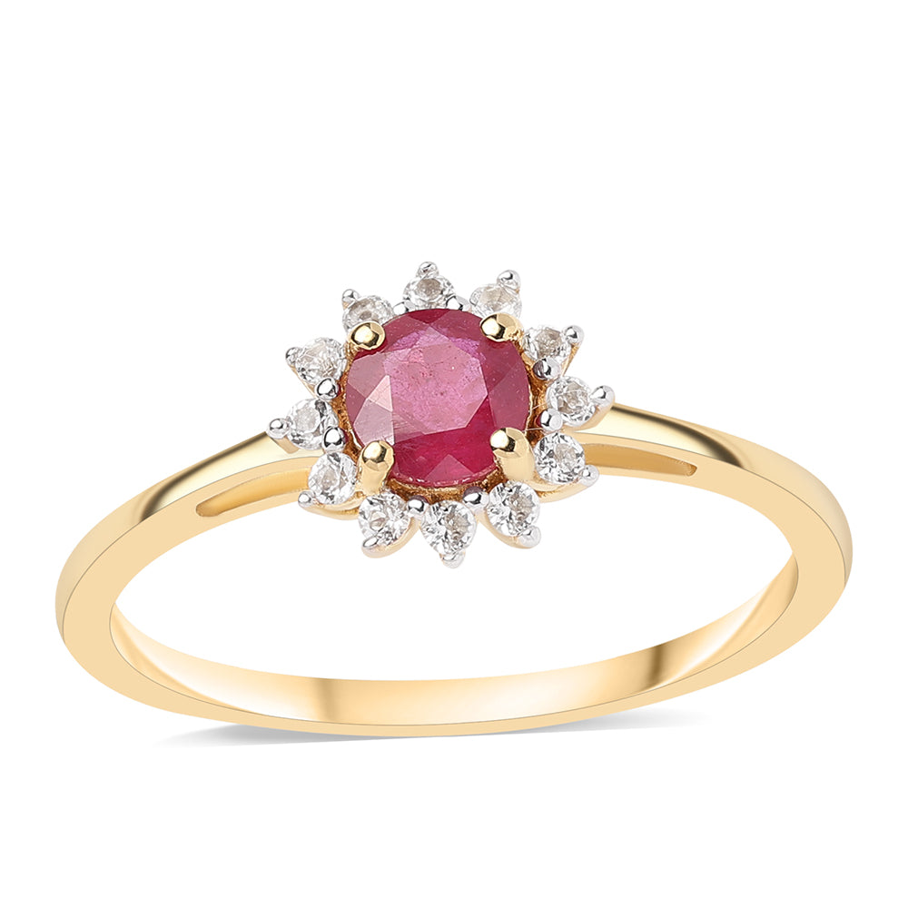 Goldplattierter Silberring mit Rubin aus Mosambik und weißem Topas