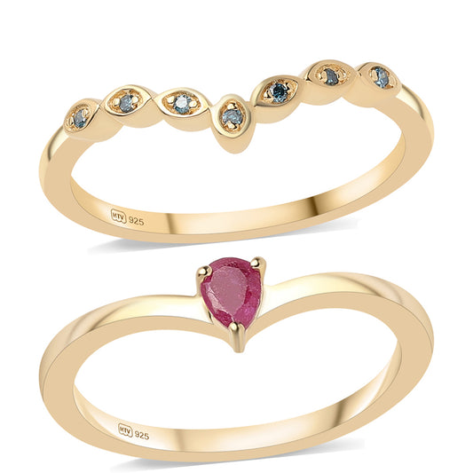 schmuckgarnitur aus Goldplattierte Silber mit Rubin aus Mosambik und blauem Diamant
