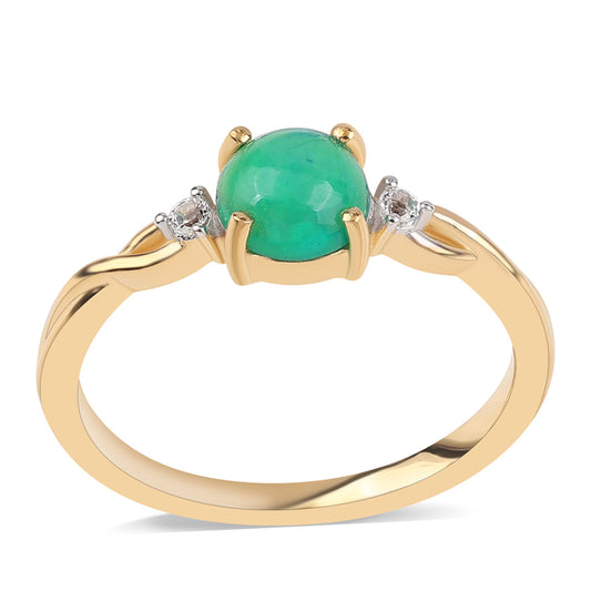 Goldplattierter Silberring mit grünem äthiopischem Opal aus Lega Dembi und weißem Topas