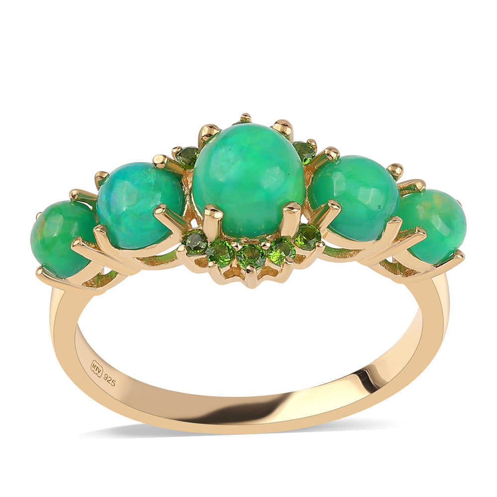 Goldplattierter Silberring mit grünem äthiopischem Opal aus Lega Dembi und Chromdiopsid 1 