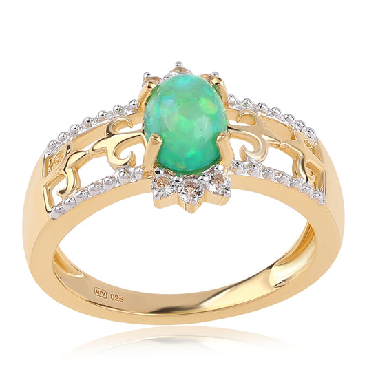 Goldplattierter Silberring mit grünem äthiopischem Opal aus Lega Dembi und weißem Topas