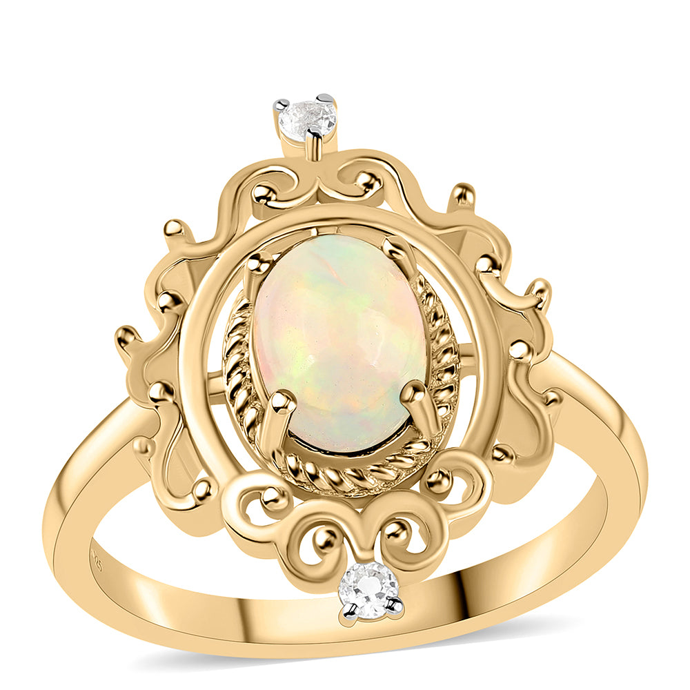 Goldplattierter Silberring mit äthiopischem Opal aus Lega Dembi und weißem Topas 1 
