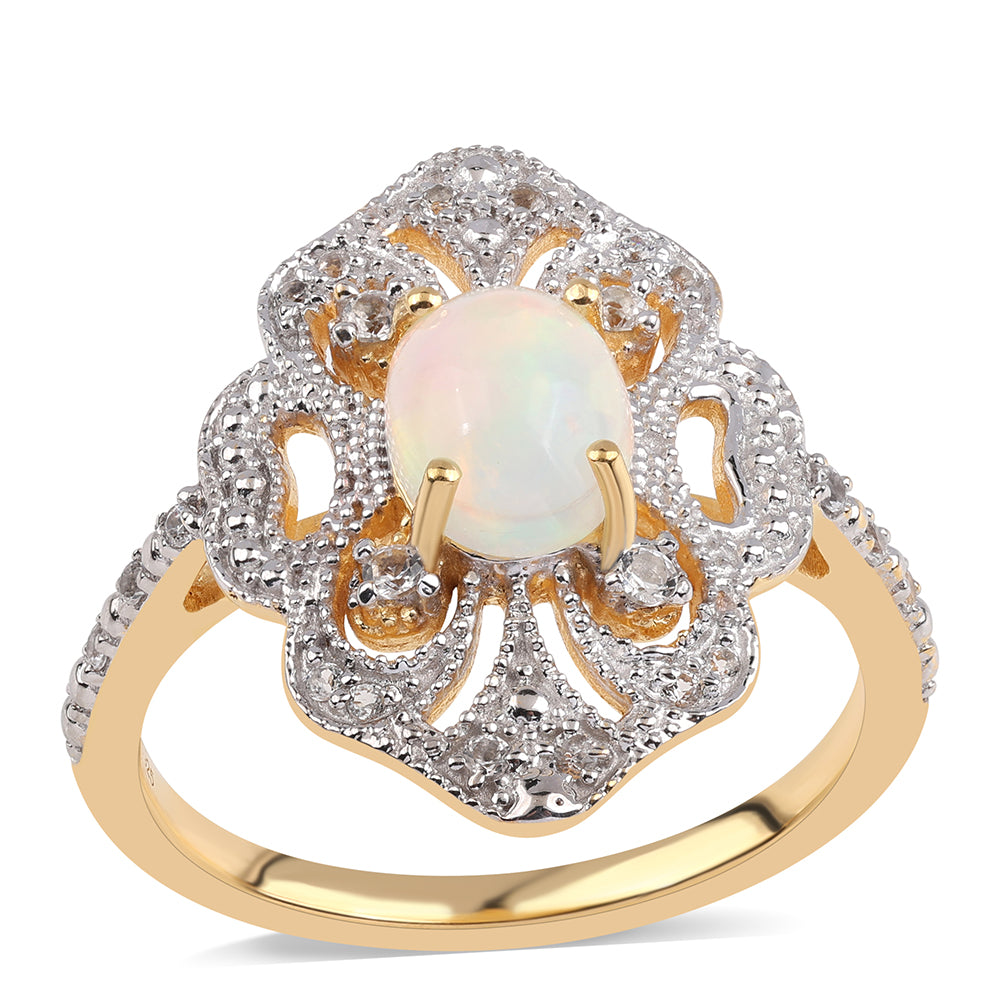 Goldplattierter Silberring mit äthiopischem Opal aus Lega Dembi und weißem Topas 1 