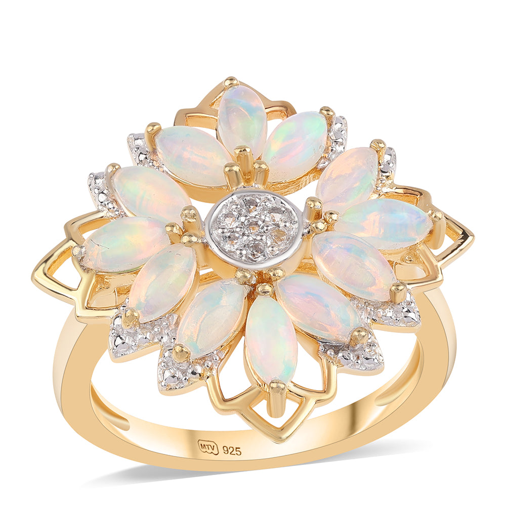 Goldplattierter Silberring mit äthiopischem Opal aus Lega Dembi und weißem Topas 1 