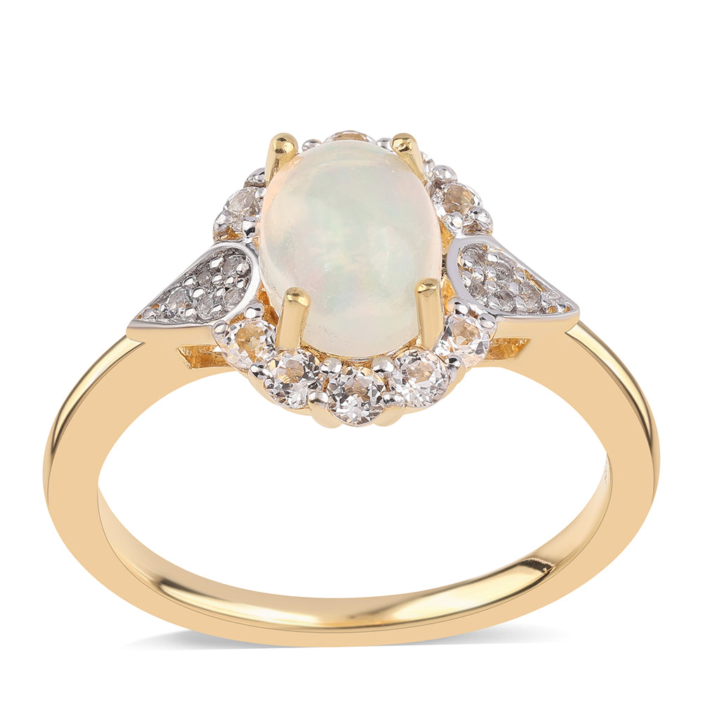 Goldplattierter Silberring mit äthiopischem Opal aus Lega Dembi und weißem Topas 1 