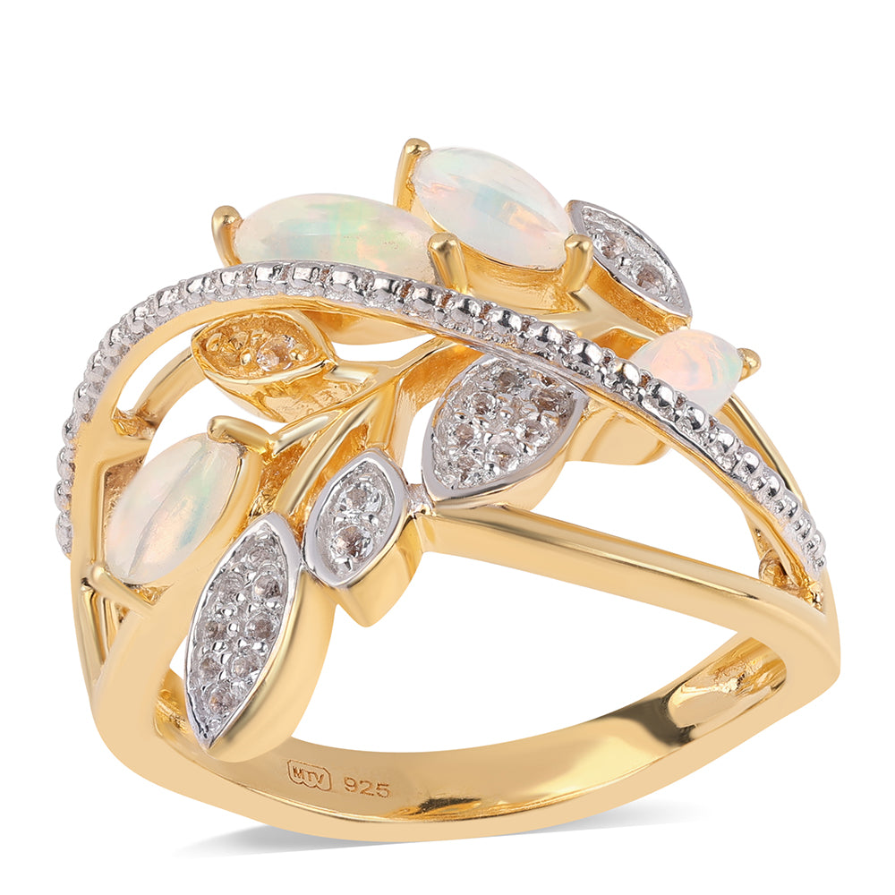 Goldplattierter Silberring mit äthiopischem Opal aus Lega Dembi und weißem Topas 1 