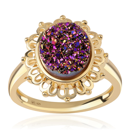 Goldplattierter Silberring mit lila Druse