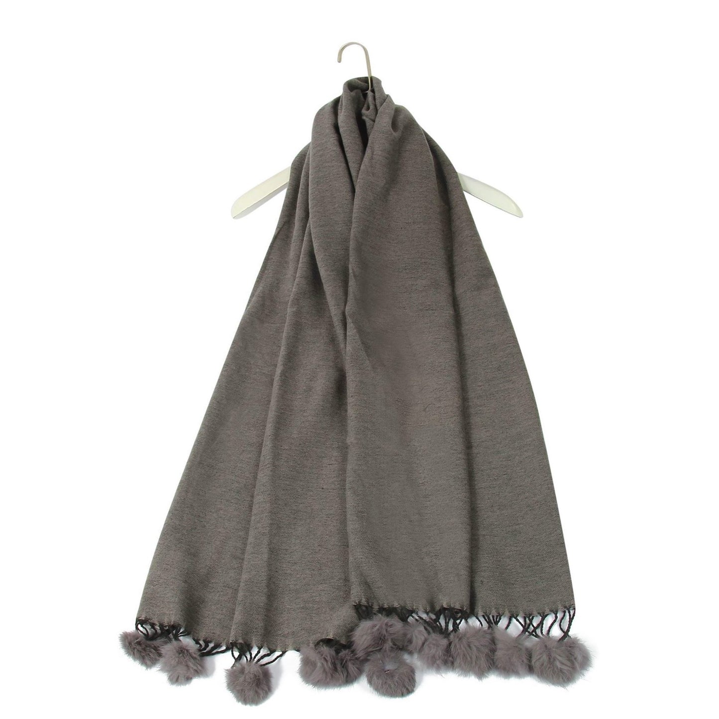 Scarf with Real Fur Pom Pom, 60 cm x 170 cm, Grey, 100% Viscose, Real Fur Pom Pom