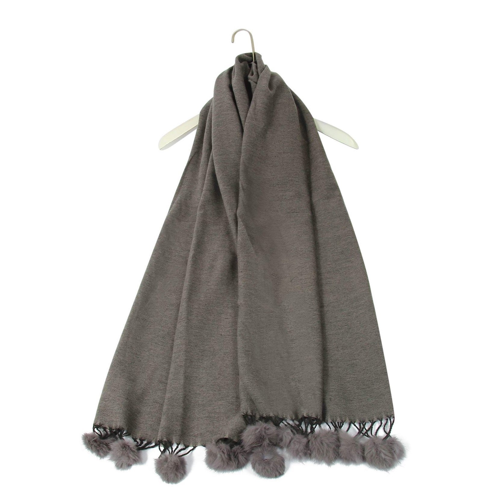 Scarf with Real Fur Pom Pom, 60 cm x 170 cm, Grey, 100% Viscose, Real Fur Pom Pom 1 