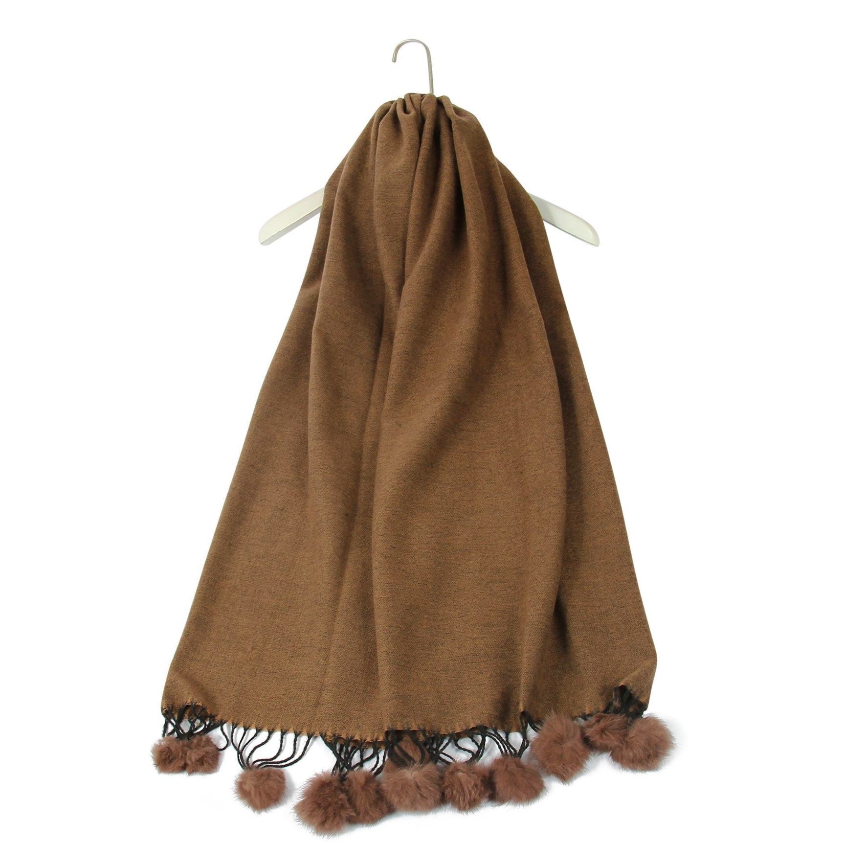 Scarf with Real Fur Pom Pom, 60 cm x 170 cm, Brown, 100% Viscose, Real Fur Pom Pom 1 