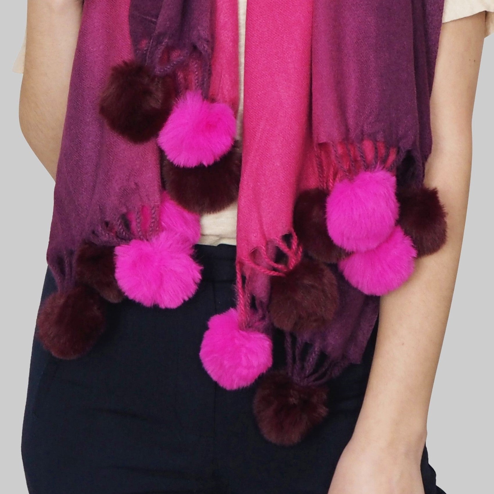 Wool Scarf With Pom Pom, 65 cm x 180 cm, Multicolor Garnet, 30% Wool 70% Acrylic 6 