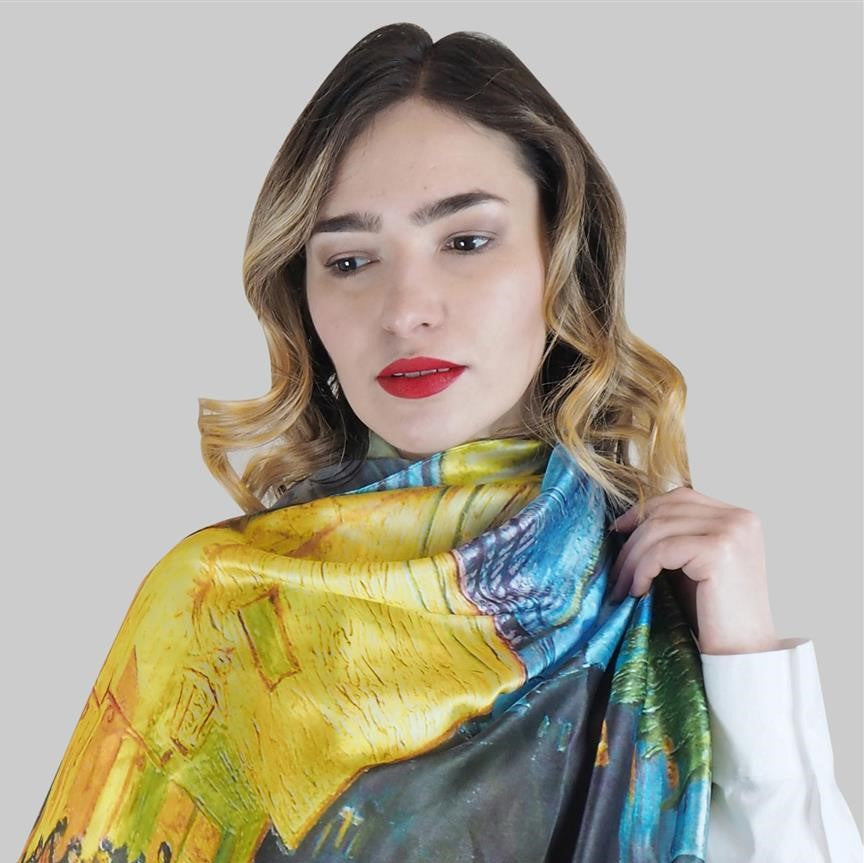 Silk Scarf, 70 cm x 180 cm, Van Gogh - Terrace At Night, 50% Silk 50% Viscose 4 