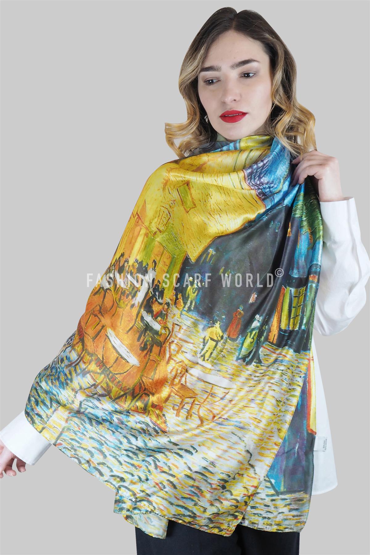 Silk Scarf, 70 cm x 180 cm, Van Gogh - Terrace At Night, 50% Silk 50% Viscose 3 