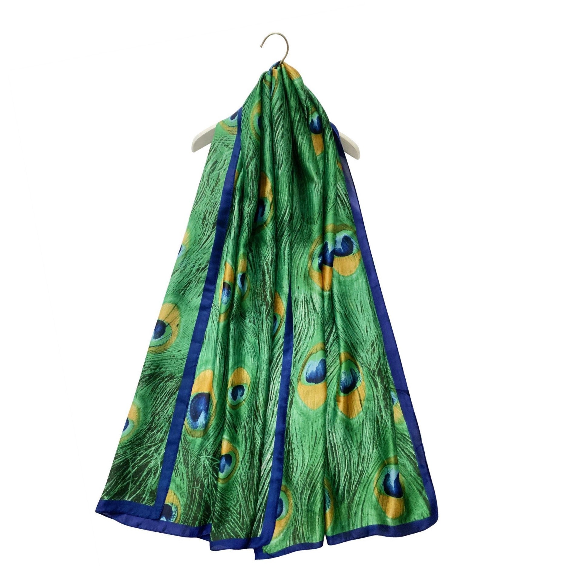 Silk Scarf, 90 cm x 180 cm, Peacock Feather Patterned, Green, 50% Silk 50% Viscose 1 