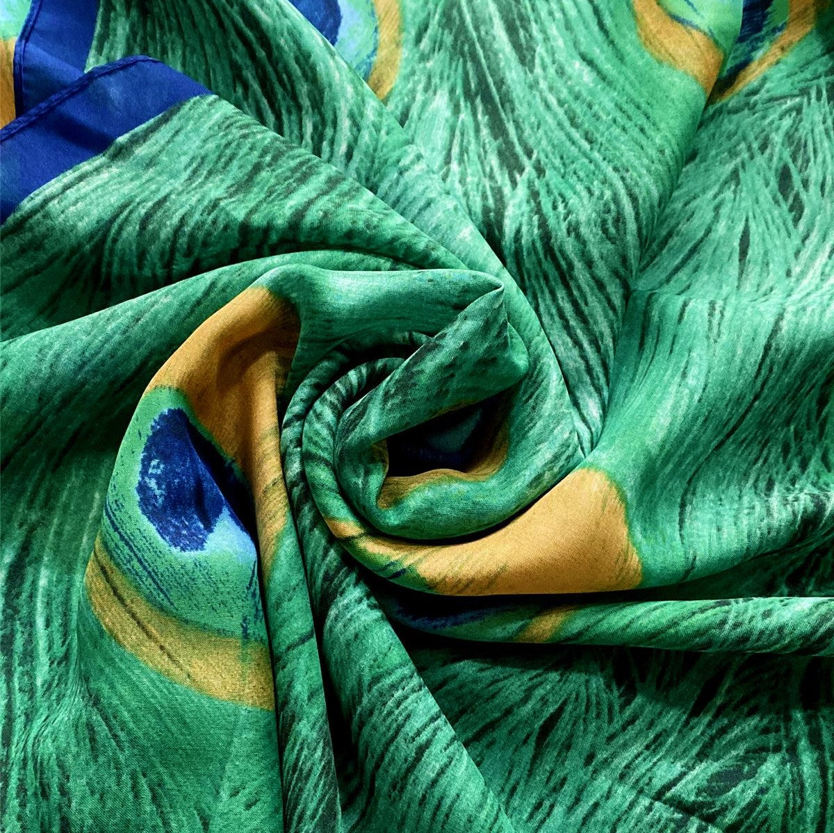 Silk Scarf, 90 cm x 180 cm, Peacock Feather Patterned, Green, 50% Silk 50% Viscose 2 