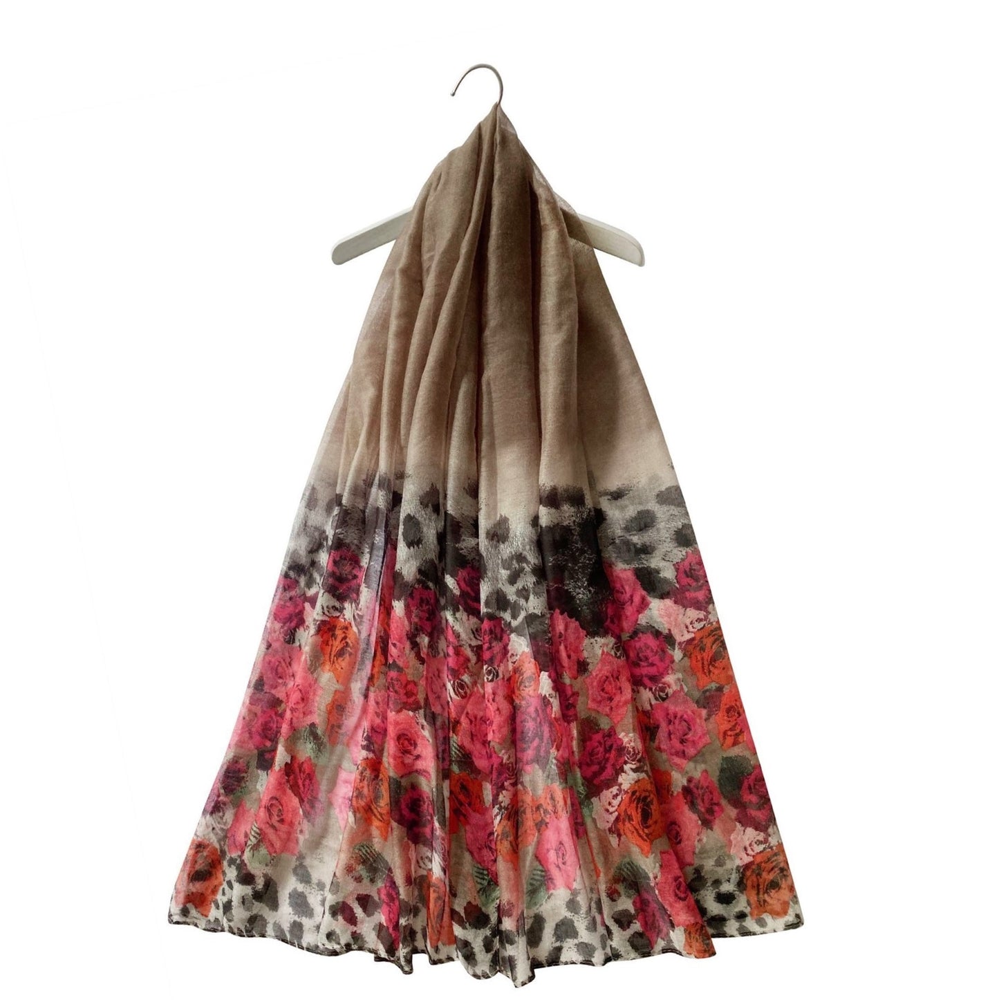Rose Flower & Leopard Patterned Brown Scarf, 90 cm x 180 cm,, 100% Viscose