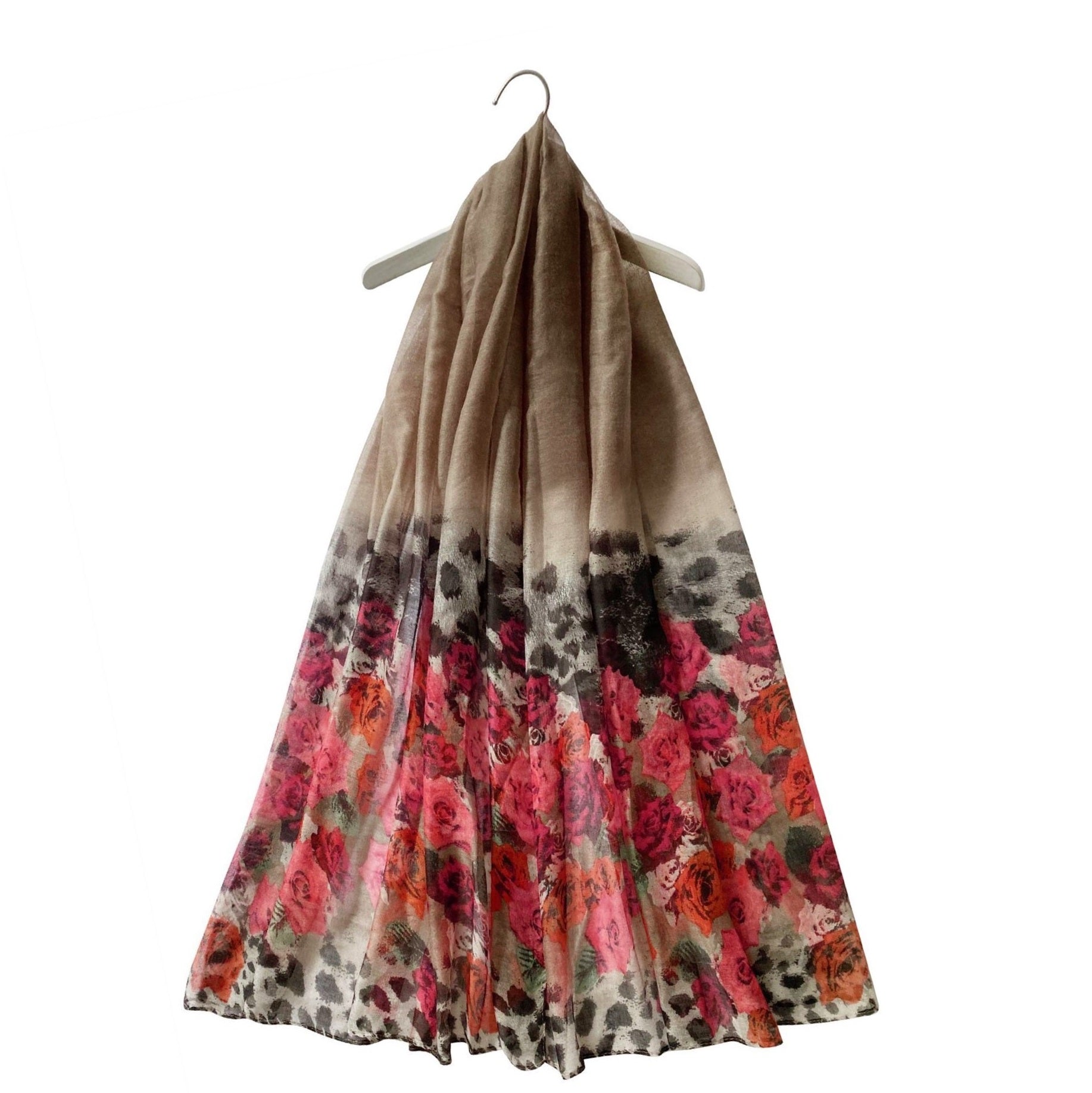 Rose Flower & Leopard Patterned Brown Scarf, 90 cm x 180 cm,, 100% Viscose 1 