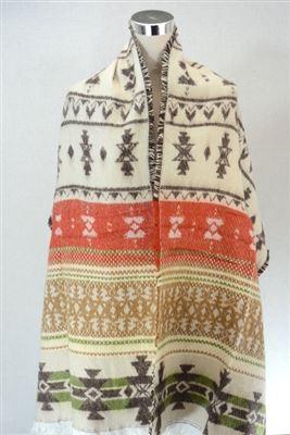 Wool Scarf, 190 cm x 53 cm, Aztec Patterned, Cream & Brown color, 30% Wool 70% Acrylic