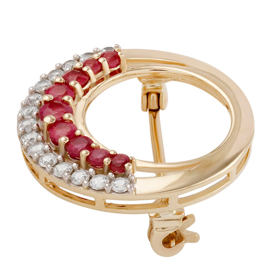 Goldbrosche mit Rubin aus Madagaskar und weißem Zirkon