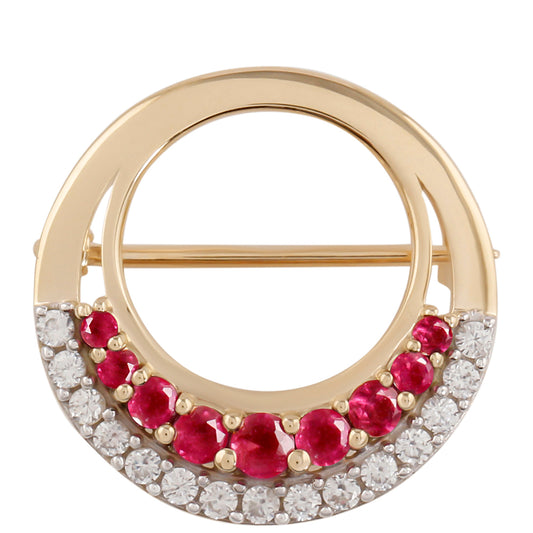 Goldbrosche mit Rubin aus Madagaskar und weißem Zirkon