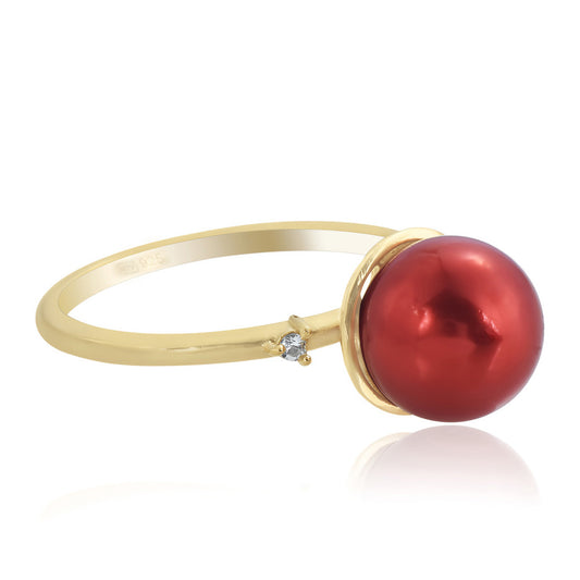 Goldplattierter Silberring mit roter Süßwasserperle und weißem Topas