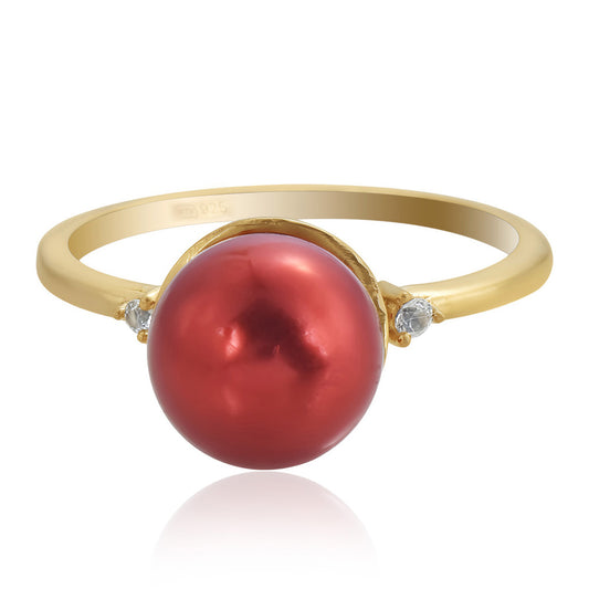 Goldplattierter Silberring mit roter Süßwasserperle und weißem Topas