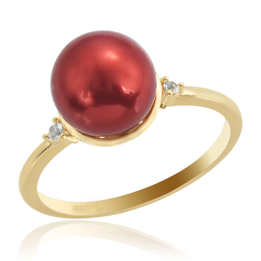 Goldplattierter Silberring mit roter Süßwasserperle und weißem Topas