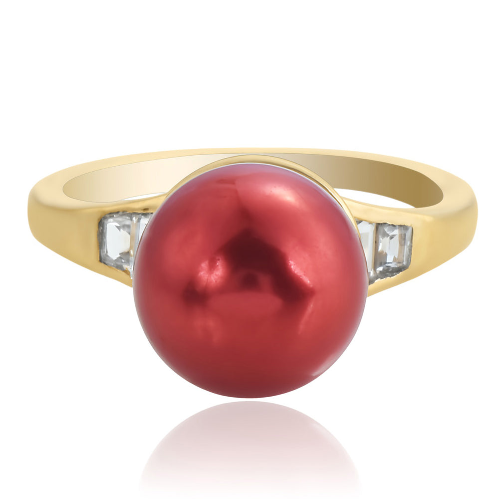 Goldplattierter Silberring mit roter Süßwasserperle und weißem Topas 4 