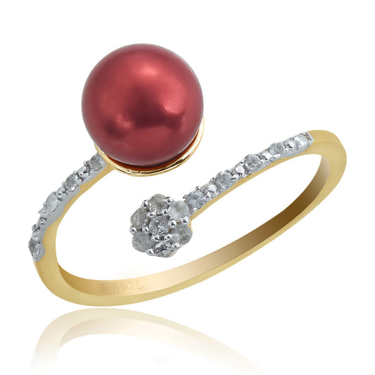 Goldplattierter Silberring mit roter Süßwasserperle und weißem Topas