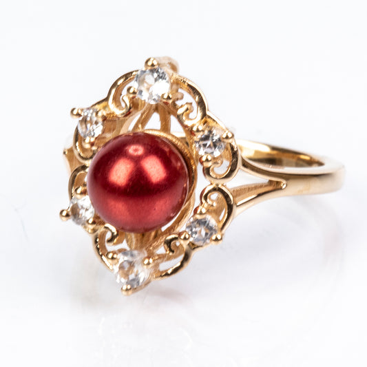 Goldplattierter Silberring mit roter Süßwasserperle und weißem Topas