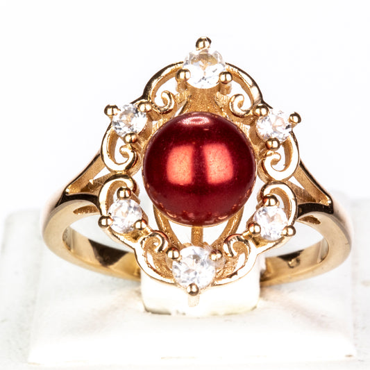 Goldplattierter Silberring mit roter Süßwasserperle und weißem Topas