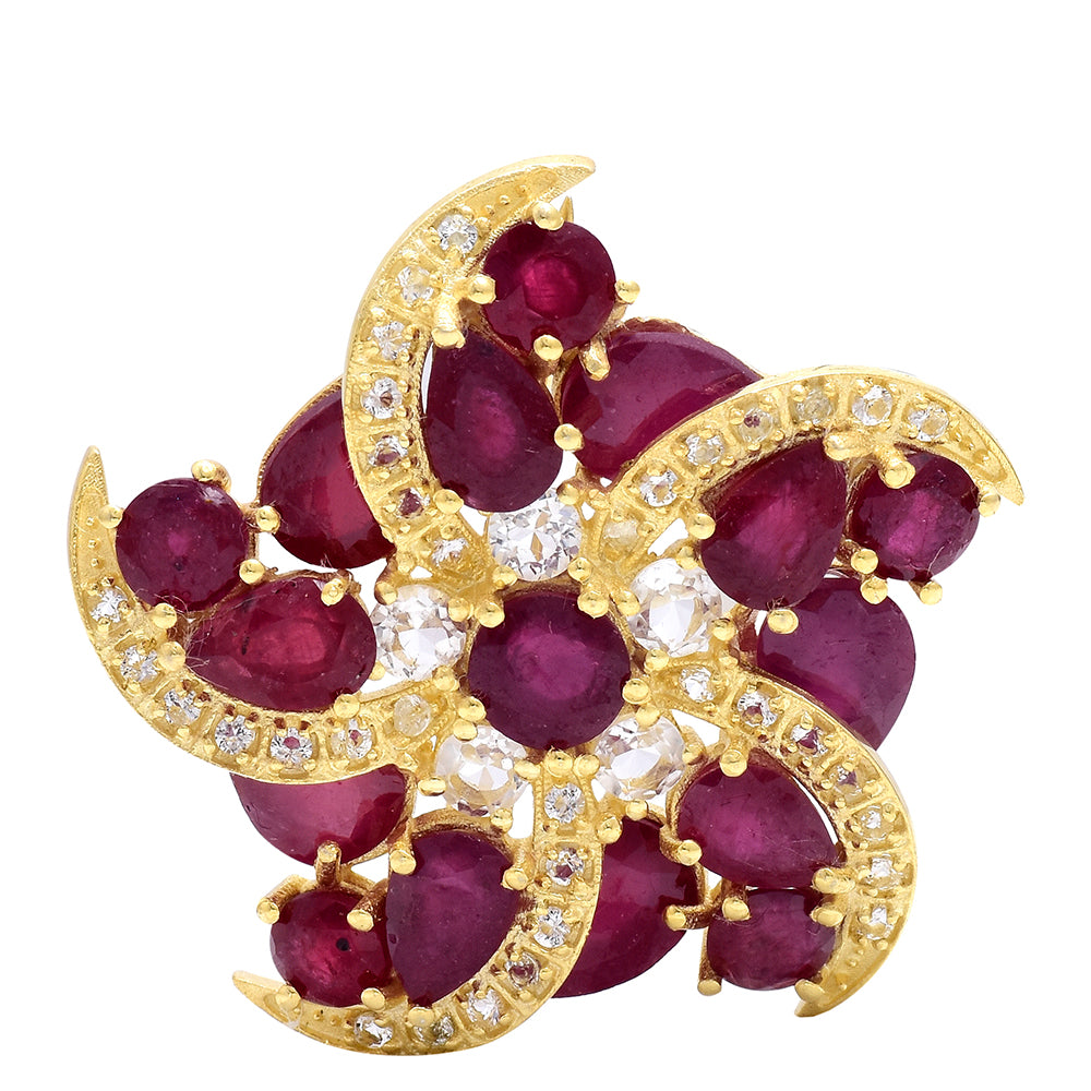 Goldplattierte Silberbrosche mit Rubin aus Madagaskar und weißem Topas 1 
