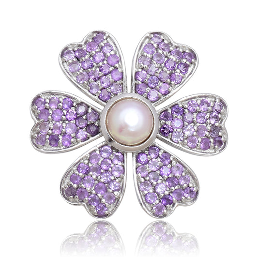 Silberbrosche mit marokkanischem Amethyst und weißer Süßwasserperle