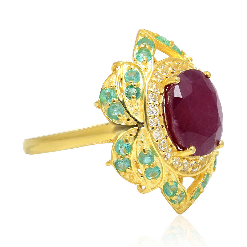 Goldplattierter Silberring mit Rubin aus Madagaskar und brasilianischem Smaragd
