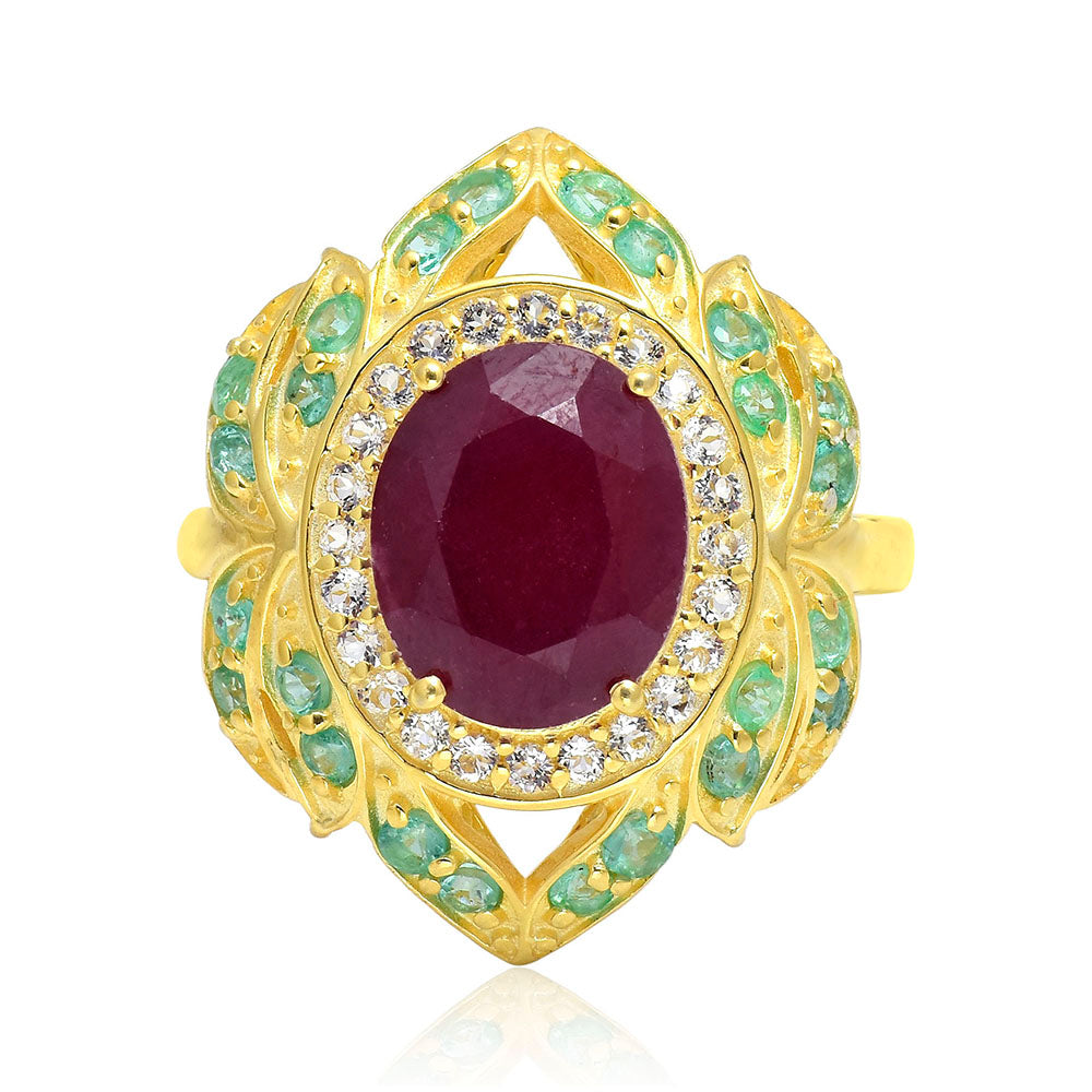Goldplattierter Silberring mit Rubin aus Madagaskar und brasilianischem Smaragd