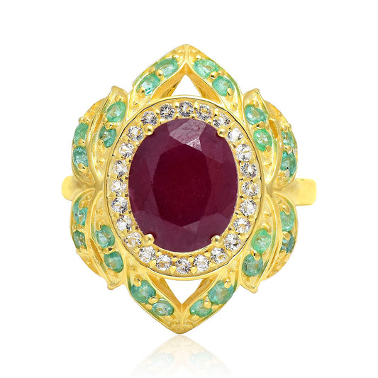 Goldplattierter Silberring mit Rubin aus Madagaskar und brasilianischem Smaragd
