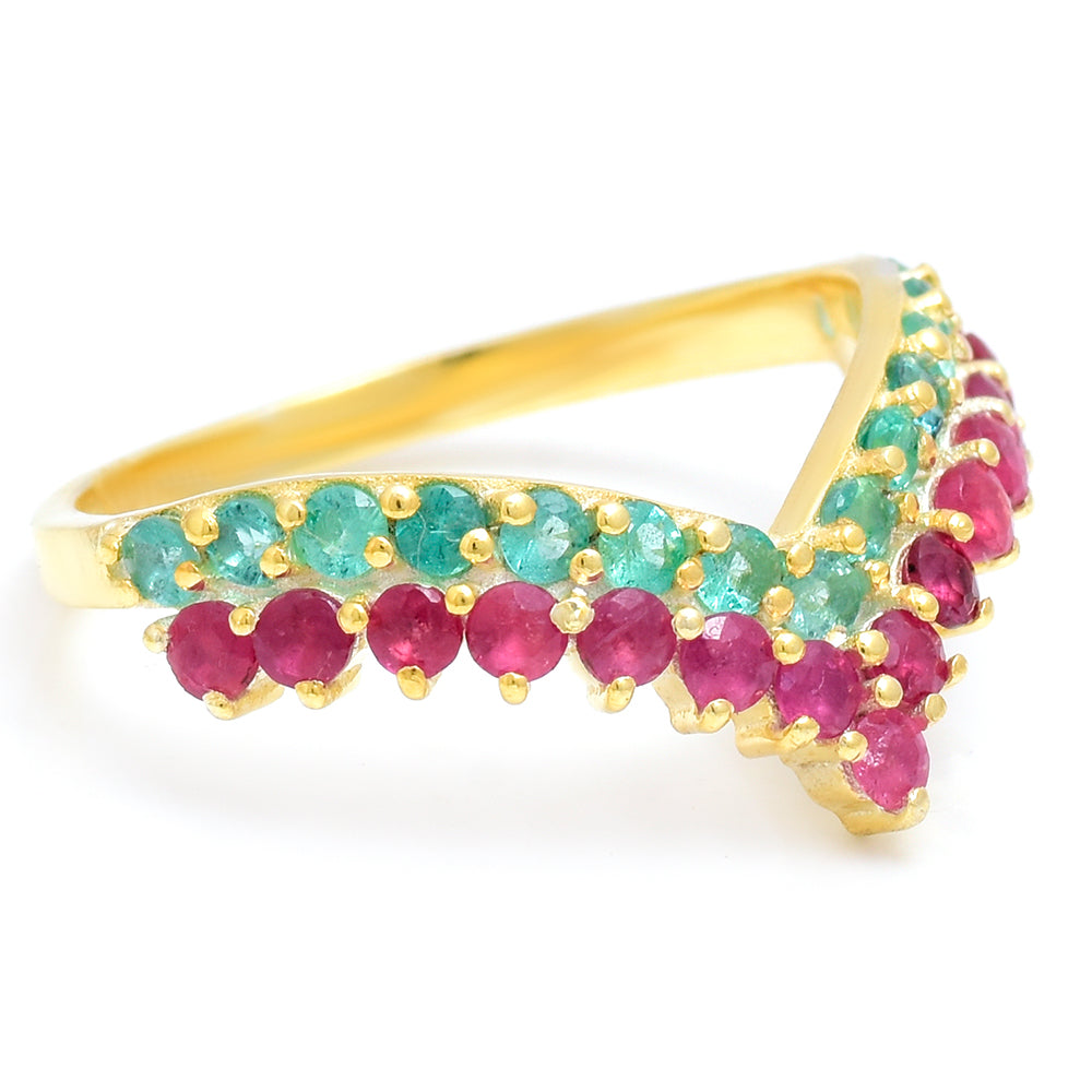 Goldplattierter Silberring mit Rubin aus Madagaskar und brasilianischem Smaragd